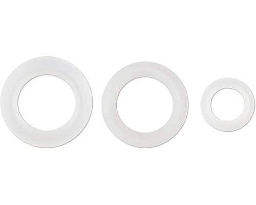 Drei weiße Dichtungsringe aus Kunststoff in verschiedenen Größen.