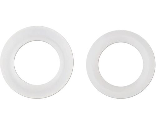 Zwei weiße Rosetten aus Kunststoff für Rohre.