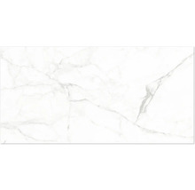 Weiße Fliese in Marmoroptik mit grauer Maserung.