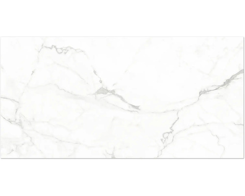 Feinsteinzeugfliese in Marmoroptik mit grauer Maserung.