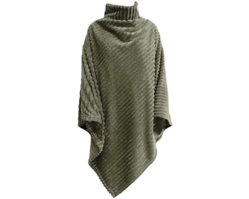 Grüner Poncho mit Rollkragen und Rippstruktur.