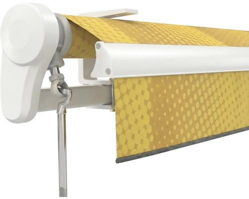 Kassettenmarkise mit gelbem gemustertem Stoff, weißem Gestell und Kurbelstange.