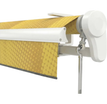 Gelenkarmmarkise mit weißem Gehäuse, gelb gemustertem Stoff und Kurbelmechanismus.