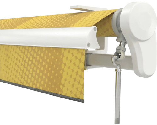 Gelenkarmmarkise mit weißem Gehäuse, gelb gemustertem Stoff und Kurbelmechanismus.