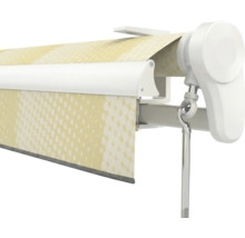 Markise mit Kurbelantrieb, gemustertem Stoff und weißem Gehäuse.