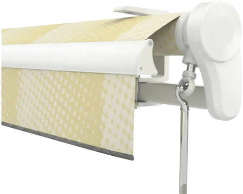 Markise mit Kurbelantrieb, gemustertem Stoff und weißem Gehäuse.