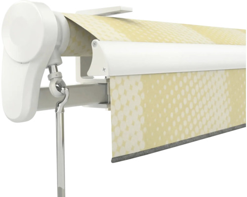 Markise mit manuellem Kurbelantrieb, weißem Gehäuse und gelb gemustertem Stoff.
