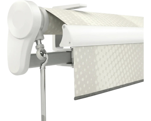 Weiße Markise mit Kurbelantrieb, Wandhalterung und gemustertem Markisenstoff.