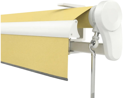 Gelenkarmmarkise mit Kurbelantrieb, Detailansicht der Halterung und des gelben Stoffes, Sonnenschutz für Terrasse und Balkon.