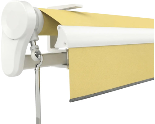 Gelenkarmmarkise mit gelbem Stoff, weißem Gehäuse und Kurbelstangenanschluss.