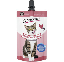 DOKAS Snack-Creme Huhn und Garnele für Katzen in wiederverschließbarer Packung, regelmäßig geprüft durch SGS Institut Fresenius.