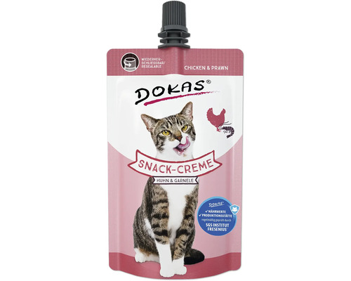 DOKAS Snack-Creme Huhn und Garnele für Katzen in wiederverschließbarer Packung, regelmäßig geprüft durch SGS Institut Fresenius.