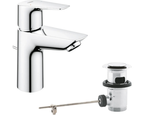 GROHE Waschtischarmatur Einhandmischer mit Zugstangen-Ablaufgarnitur aus glänzendem Chrom für das Badezimmer.