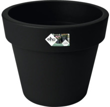Schwarzer runder Pflanztopf aus Kunststoff von elho, 5 Jahre Garantie, aus recyceltem Material hergestellt, elho Logo.