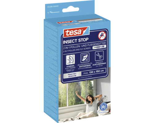 tesa Insect Stop 2-in-1 Pollen- und Fliegengitter Premium für Fenster, Netzfarbe Anthrazit, rückstandslos entfernbar, maximal 130 mal 150 Zentimeter.