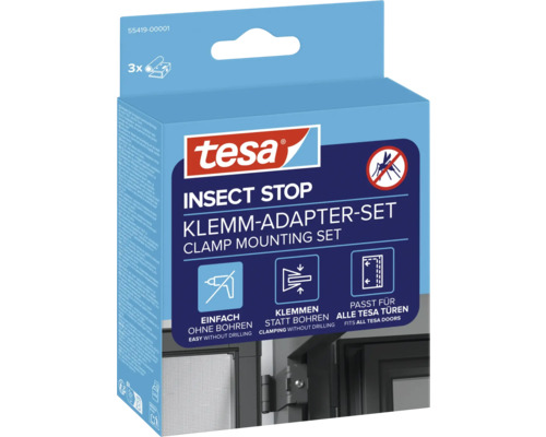 tesa Insect Stop Klemm-Adapter-Set für Insektenschutztüren, einfache Montage ohne Bohren durch Klemmen, 3 Stück.