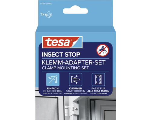 tesa Logo, Insect Stop Klemm-Adapter-Set, 3 Stück, Montage ohne Bohren durch Klemmen, passend für alle tesa Türen.