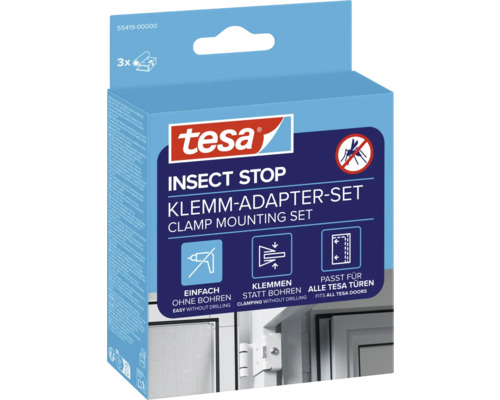 tesa Logo, tesa Insect Stop Klemm-Adapter-Set für Insektenschutztüren zur Montage ohne Bohren, Packung mit 3 Stück.