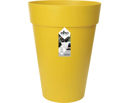 Gelber hoher Elho Pflanzkübel aus recyceltem Kunststoff mit integriertem Bewässerungssystem.
