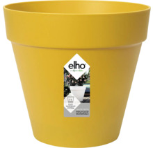 Gelber Kunststoff-Blumentopf von elho, rund und konisch, aus recyceltem Material mit einfachem Bewässerungssystem.