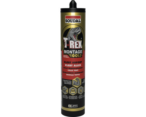 Soudal T-Rex Montage Gold Montagekleber für innen und außen, wasserfest, hohe Anfangshaftung von 300 Kilogramm pro Quadratmeter.