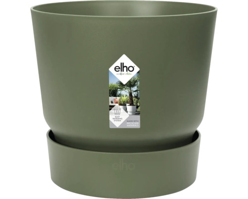 Elho Blumentopf mit integriertem Untersetzer, olivgrün, aus recyceltem Kunststoff, mit einfachem Bewässerungssystem.