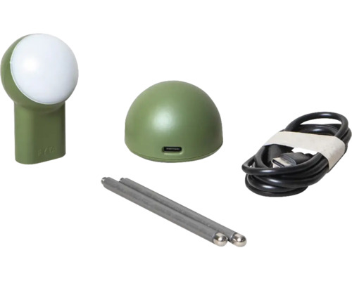 Tragbares wiederaufladbares LED-Leuchtenset mit Lampenkopf, Standfuß, Metallstiften und USB-Ladekabel.