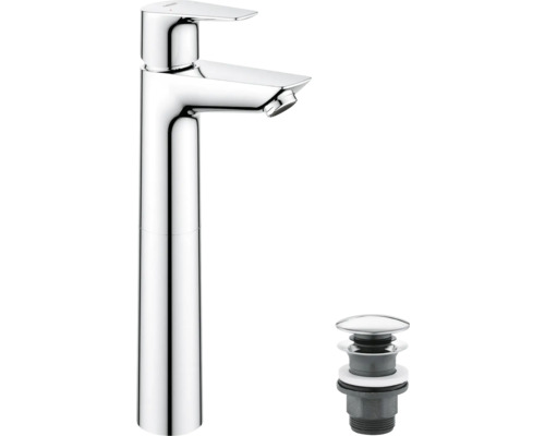 Hohe Waschtischarmatur verchromt mit Einhebelmischer und Ablaufgarnitur.