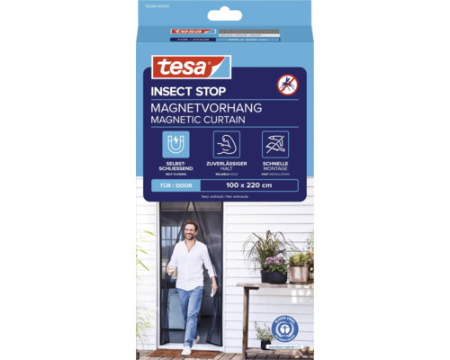 tesa Insect Stop Magnetvorhang für Türen, 100 mal 220 Zentimeter, anthrazitfarbenes Netz, selbstschließend.
