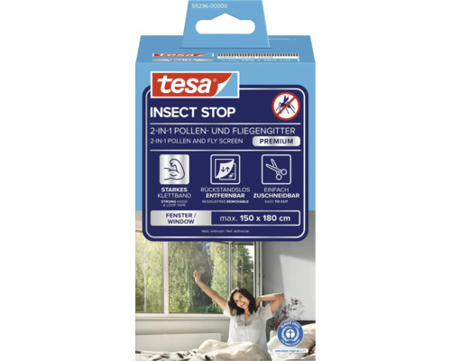 Tesa® Pollenschutz-Gitter 1,5x1,8 m tesa Logo. tesa Insect Stop 2 in 1 Pollen- und Fliegengitter Premium, anthrazit, maximal 150 mal 180 Zentimeter, Klettband, Blauer Engel Siegel.