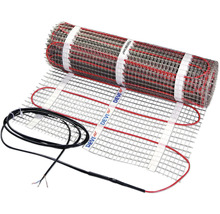 Elektrische Fußbodenheizungsmatte von DEVI auf Gewebe mit 150 Watt pro Quadratmeter und Anschlusskabel.