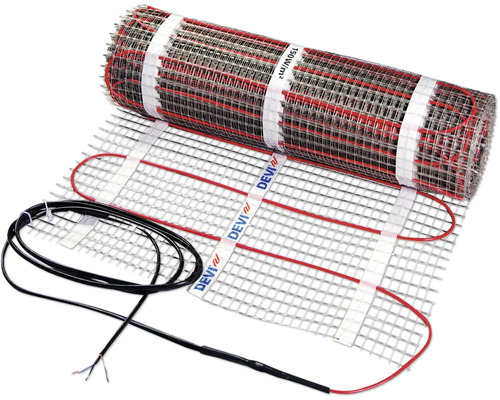 Elektrische Fußbodenheizmatte von DEVI mit 150 Watt pro Quadratmeter auf einem Trägernetz inklusive Anschlusskabel.