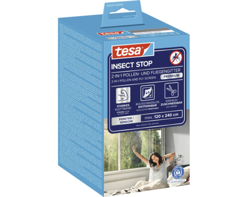 tesa Insect Stop Premium 2 in 1 Pollen- und Fliegengitter für Fenster bis maximal 120 mal 240 Zentimeter in Anthrazit inklusive Klettband.