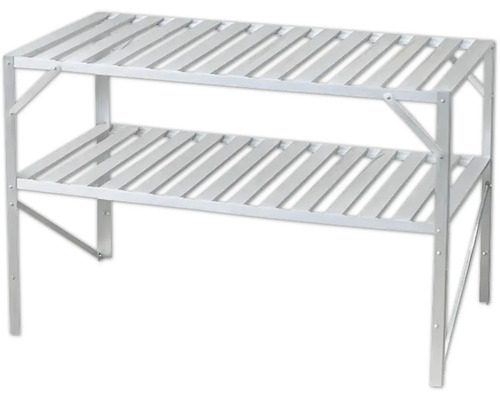 Zweistöckiges Gewächshausregal aus Metall mit zwei Lattenrostböden.