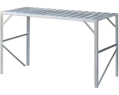 Pflanztisch aus Aluminium mit Gitter-Arbeitsfläche und stabilisierenden Verstrebungen.