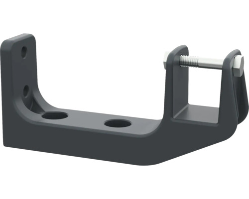 Dunkelgraue Metallhalterung mit Befestigungslöchern und einer Sechskantschraube.