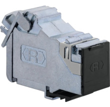 Geschirmtes RJ45 Netzwerkmodul aus Metall mit Staubschutzkappe für Keystone-Anschlüsse.