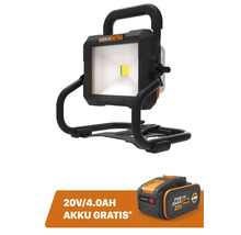 Worx Nitro LED-Arbeitsstrahler mit verstellbarem Standfuß inklusive gratis 20 Volt 4,0 Amperestunden Akku.