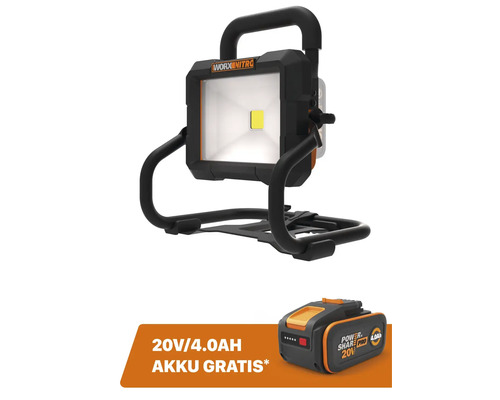 Worx Nitro LED-Arbeitsstrahler mit verstellbarem Standfuß inklusive gratis 20 Volt 4,0 Amperestunden Akku.