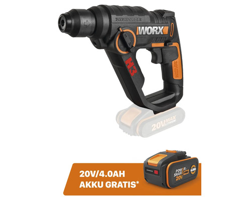 Akku-Bohrhammer Worx H3 20 Volt inklusive eines zusätzlichen Akkus mit 4,0 Amperestunden.
