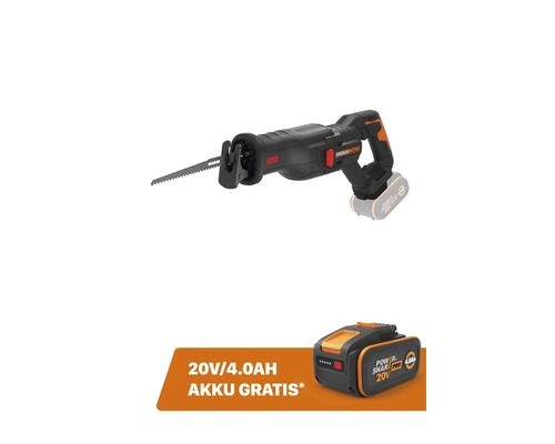 Worx Nitro Akku-Säbelsäge mit bürstenlosem Motor inklusive gratis 20 Volt 4,0 Amperestunden Akku.