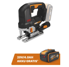 Worx Nitro Akku-Pendelhubstichsäge 20 Volt mit bürstenlosem Motor und einem zusätzlichen 4,0 Amperestunden Akku gratis.
