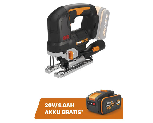Worx Nitro Akku-Pendelhubstichsäge 20 Volt mit bürstenlosem Motor und einem zusätzlichen 4,0 Amperestunden Akku gratis.