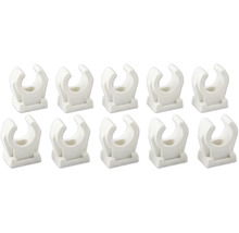 Set mit 10 weißen Klemmschellen aus Kunststoff für Elektroinstallationen mit C-förmiger Halterung und quadratischem Sockel.