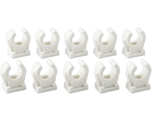 Set mit 10 weißen Klemmschellen aus Kunststoff für Elektroinstallationen mit C-förmiger Halterung und quadratischem Sockel.