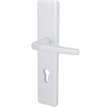 Weiße Langschildgarnitur für Türen mit modernem Türdrücker und Profilzylinderlochung.