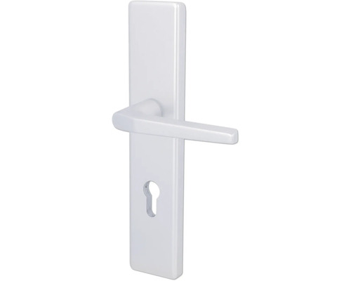Weiße Langschildgarnitur für Türen mit modernem Türdrücker und Profilzylinderlochung.