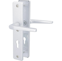 Türdrücker-Garnitur aus Aluminium mit Langschild und Profilzylinder-Lochung.