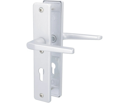 Türdrücker-Garnitur aus Aluminium mit Langschild und Profilzylinder-Lochung.