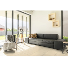 Modernes, helles Wohnzimmer mit dunklem Sofa, hellen Bodenfliesen und großen Fensterfronten zum Garten.